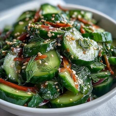 A vibrant bowl of homemade crunchy cucumber salad with fresh dill, sliced red onion, and a bright, tangy dressing perfect for summer.