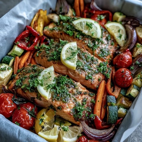 A close-up of flaky, tender Sheet Pan Salmon and Veggies Bowl garnished with fresh parsley and lemon wedges, served as a vibrant gluten-free meal.