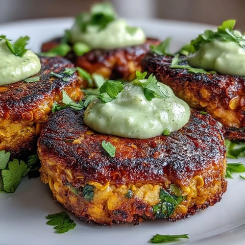 Pan-seared Crispy Sweet Potato & Red Lentil Patties on a plate with yogurt drizzle and fresh cilantro.
