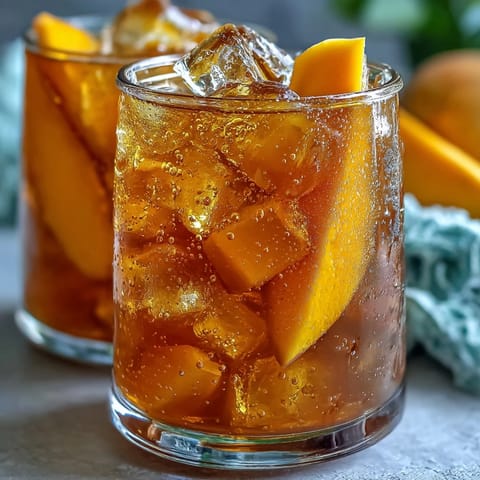A tall glass of Mango Iced Tea, packed with ice and garnished with fresh mango slices, offers a refreshing escape on a hot day.