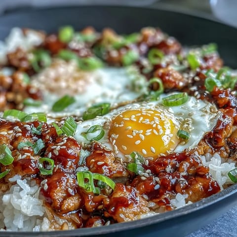 Creamy Korean Turkey Rice Skillet with a halved jammy egg, green onions, and sesame seeds on a rustic table.