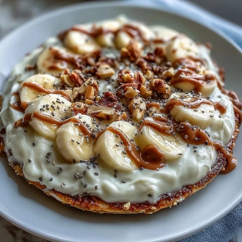 Sliced bananas and chia seeds garnish this warm High-Protein Breakfast Pizza Bowl, served in a ceramic dish for a cozy morning meal. 