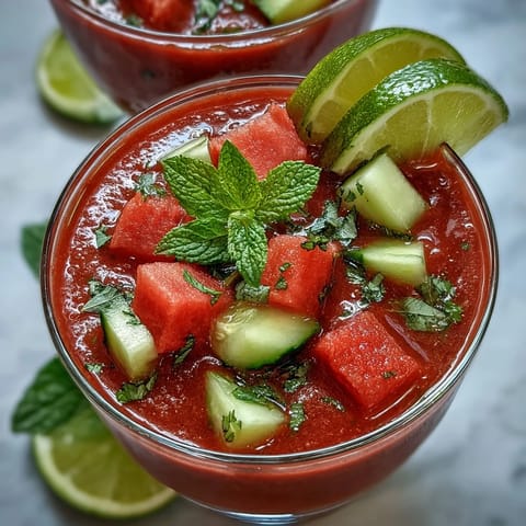 A glass bowl of Vegan Watermelon Mint Gazpacho topped with watermelon cubes and olive oil drizzle.