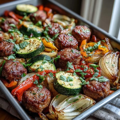 Sheet Pan Italian Sausage with Peppers and Zucchini roasted with caramelized onions and served hot from the oven.