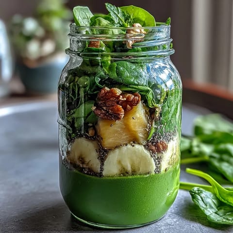 Tropical green smoothie jars packed with pineapple, apple, and spinach—perfect for healthy breakfasts or snacks on the go.  