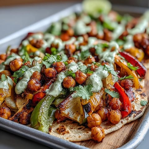 Vibrant sheet pan fajitas loaded with rainbow veggies and chickpeas, drizzled with creamy guacamole yogurt sauce.  