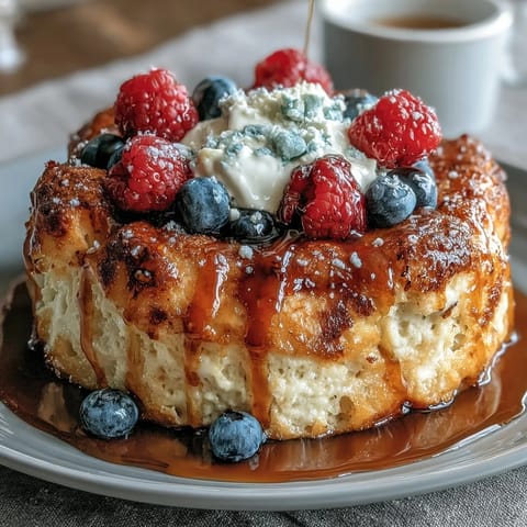 Golden-baked protein pancake bowl served in a glass dish, loaded with raspberries and ready for your favorite toppings.  