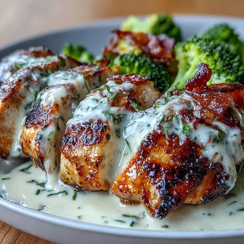 Juicy grilled chicken breast slices served over sautéed broccoli with a luscious garlic cream sauce.  