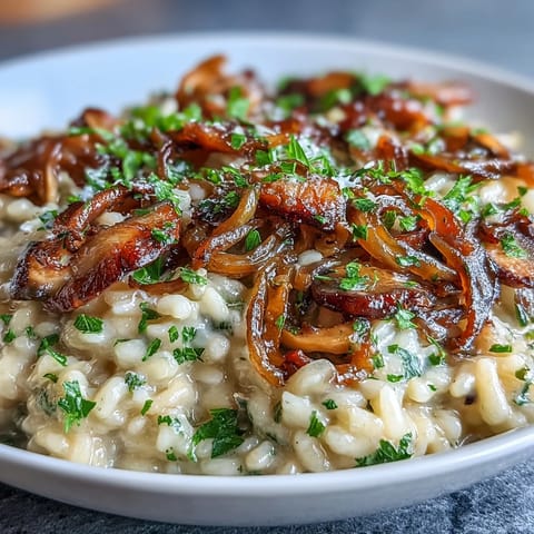 Creamy risotto with caramelized onions and mushrooms, topped with fresh parsley and Parmesan.  