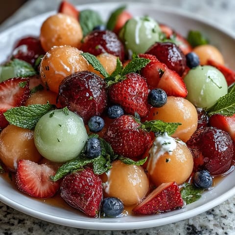 Colorful arrangement of honeydew, strawberries, and grapes paired with creamy honey-lime dip, perfect for brunches and outdoor gatherings.  