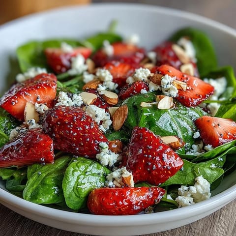 Colorful baby spinach and ripe strawberries tossed with creamy feta, crunchy almonds, and tangy poppy seed dressing.  