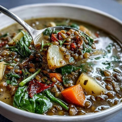 Hearty little sprout green lentil stew with tender carrots and potatoes in a fragrant herb broth.  