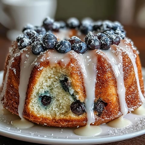 Mini lemon blueberry sourdough bundt cakes with golden crust and vibrant glaze, topped with fresh blueberries and lemon zest for a bright, tangy dessert.