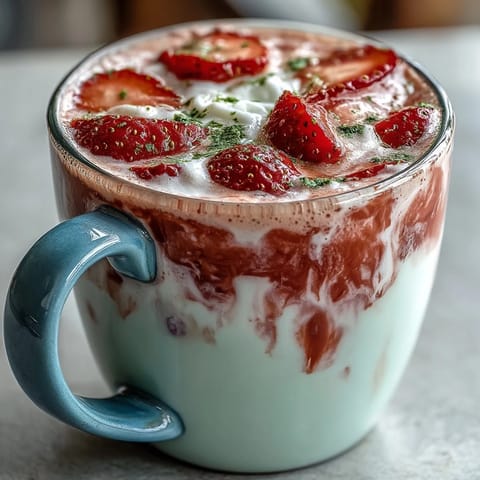 Warm strawberry matcha latte with vibrant green tea and sweet berry layers, perfect for cozy evenings.