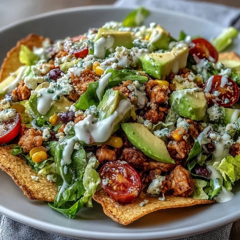 Healthy Easy Taco Salad Bowls with Greek Yogurt Ranch: A colorful dish with seasoned turkey, fresh vegetables, and creamy dressing served in crispy tortilla bowls.