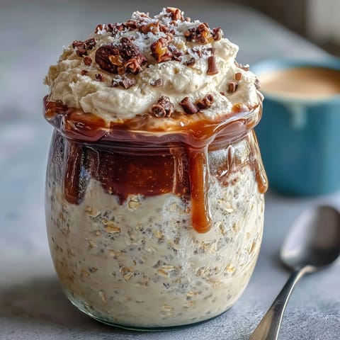Creamy vanilla bean frappuccino overnight oats layered in a jar with coffee and whipped cream for a decadent, dessert-style breakfast treat.