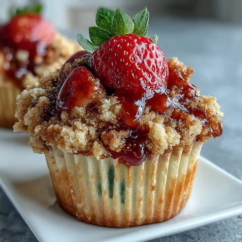 Strawberry muffins with crumble topping, bursting with fresh fruit and golden buttery streusel, perfect for breakfast or brunch.