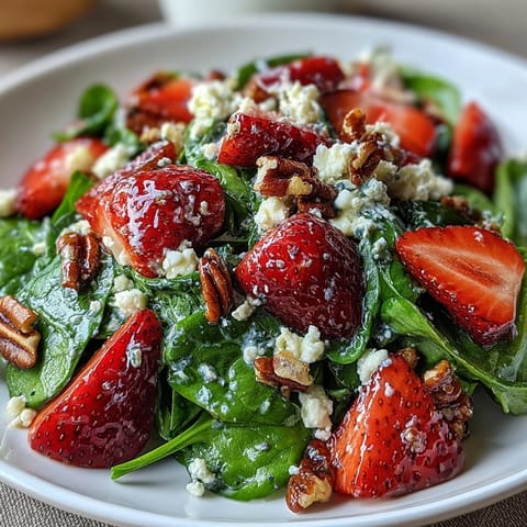 Fresh strawberry spinach salad with poppy seed dressing, bursting with juicy berries and creamy feta, perfect for a light lunch or side dish.