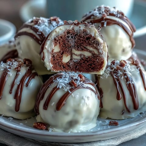 Bite-sized carrot cake truffles coated in smooth cream cheese frosting, topped with crunchy walnuts for texture.