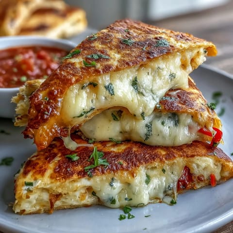 Golden mini quesadilla triangles stuffed with melted cheddar and mozzarella, served with a zesty tomato salsa for dipping.