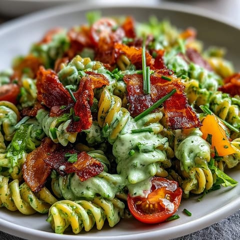 Fresh BLT Pasta with Avocado Ranch, a colorful summer salad with crispy bacon, juicy tomatoes, and creamy avocado dressing.  
