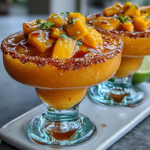 Frozen mango margarita mocktail in a salt-rimmed glass, garnished with lime and mango slices, served on a sunny patio.
