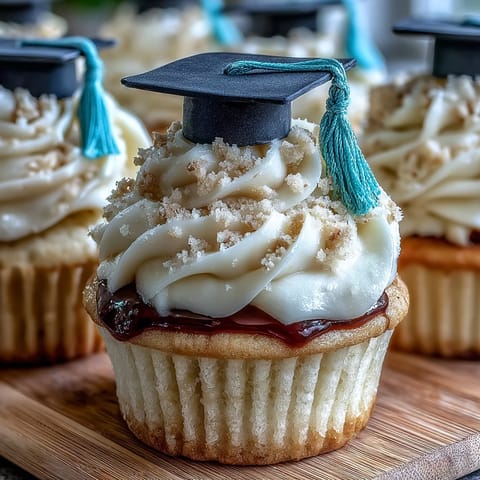 Simple Graduation Cupcakes with Cap Fondant Toppers: moist vanilla cupcakes topped with buttercream and fondant graduation caps, perfect for celebrating achievements.