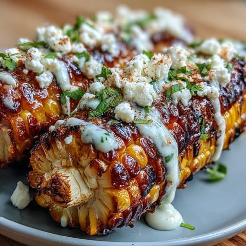 Grilled corn elote style features charred kernels topped with creamy sauce, Cotija cheese, and chili powder for a smoky, tangy bite.