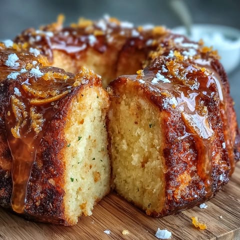 A golden whole orange cake with vibrant citrus aroma, dusted with powdered sugar for a bright, zesty dessert.  