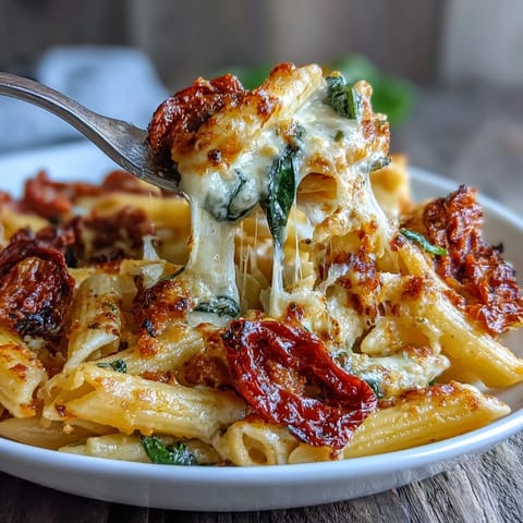 Baked pasta with sun-dried tomatoes, spinach, and melty mozzarella in a rich tomato sauce, topped with golden Parmesan crust.