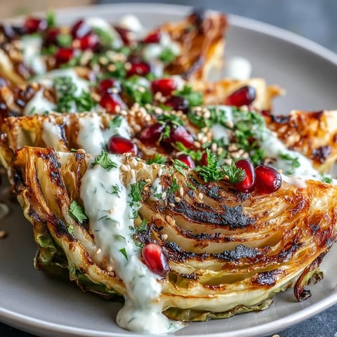 Smoky grilled cabbage wedges drizzled with creamy tahini sauce, topped with fresh parsley and ruby pomegranate seeds.