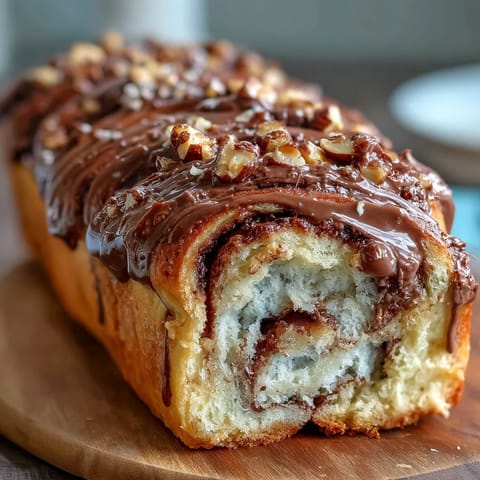 A beautiful Nutella babka loaf with golden crust and rich chocolate-hazelnut swirls, perfect for a decadent breakfast or brunch treat.