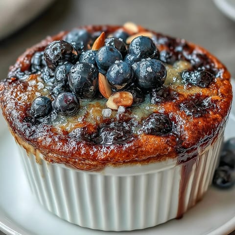 Warm baked oatmeal with juicy blueberries, maple syrup, and banana, served in a rustic ramekin for a cozy breakfast.