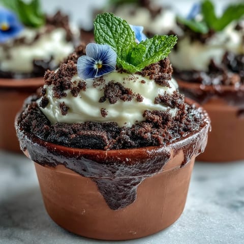 Rich Mother's Day Flower Pot Brownies topped with creamy frosting and crunchy Oreo dirt, decorated with edible flowers in mini clay pots.  