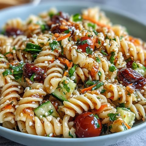 Memorial Day pasta salad with Italian dressing and colorful fresh vegetables in a large serving bowl, perfect for summer picnics and barbecues.