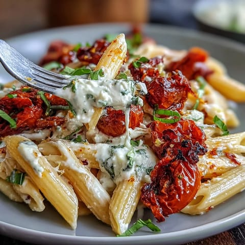Creamy baked feta pasta with burst cherry tomatoes and fresh basil, ready to serve on a rustic wooden table.