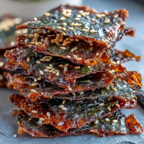 Crispy baked seaweed snack chips sprinkled generously with sesame and sea salt.