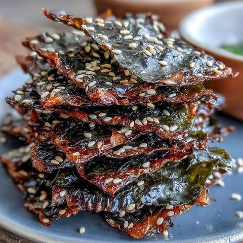 Golden seaweed snack chips with sesame seeds, a light, salty, crispy crunch.