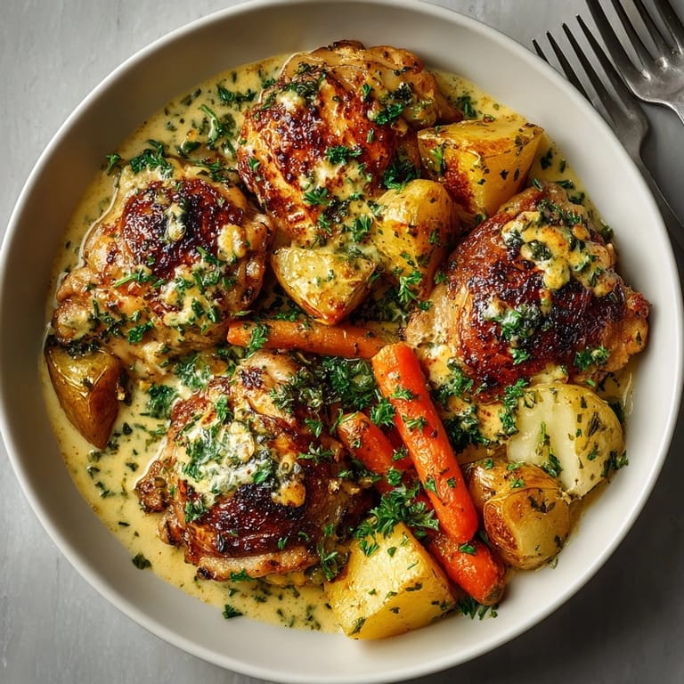 Savory Creamy Baked Dijon Chicken Thighs: A close-up of the comforting, flavorful dinner.