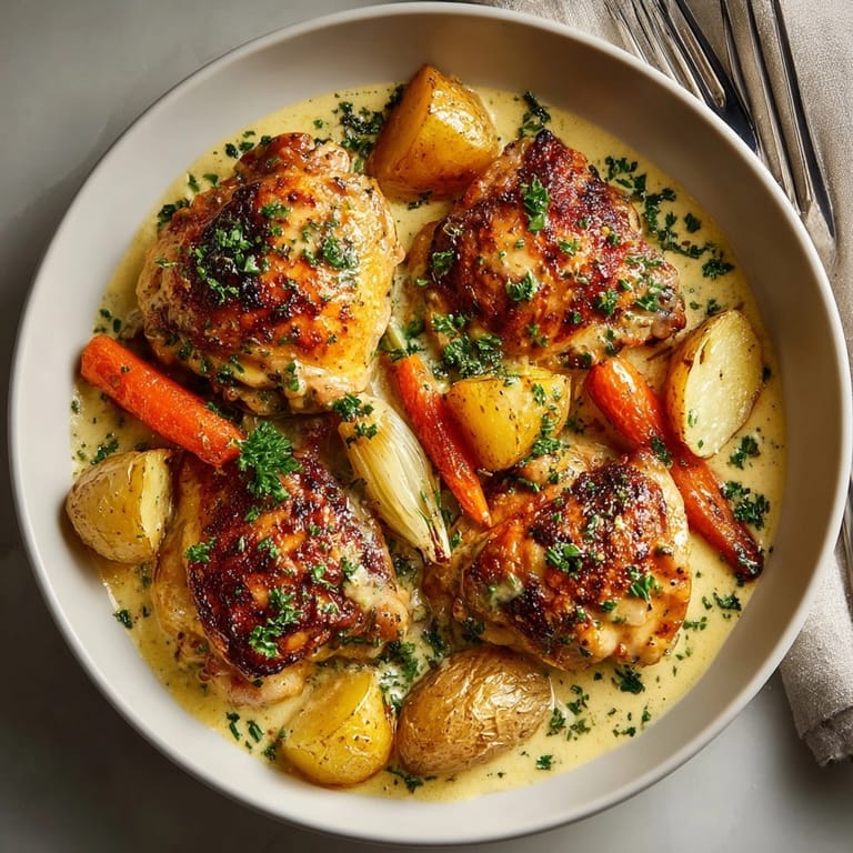 Enjoy tender, juicy, Creamy Baked Dijon Chicken Thighs with hearty autumn root vegetables.