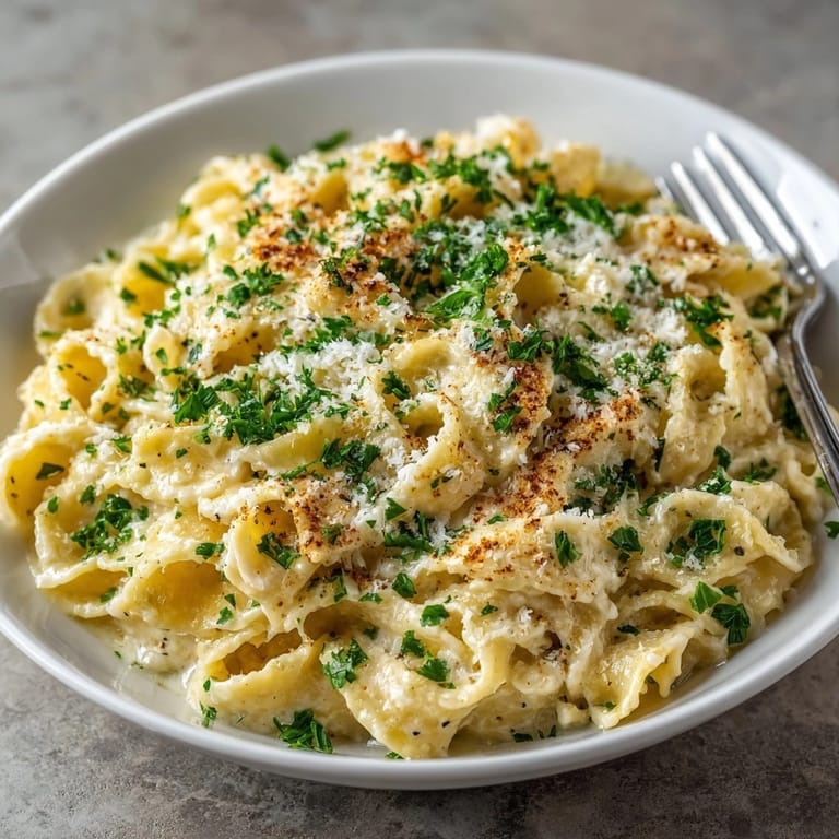 Close-up of cheesy, comforting One-Pot Garlic Parmesan Pasta ready to be served.