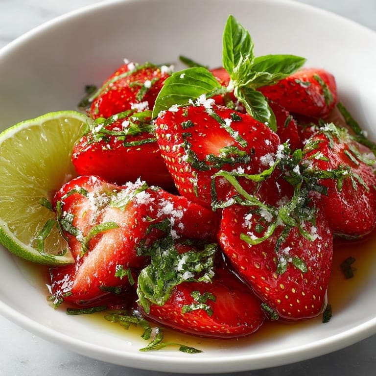 Bright and refreshing Marinated Strawberries with Lime and Fresh Basil, ready to be served chilled.