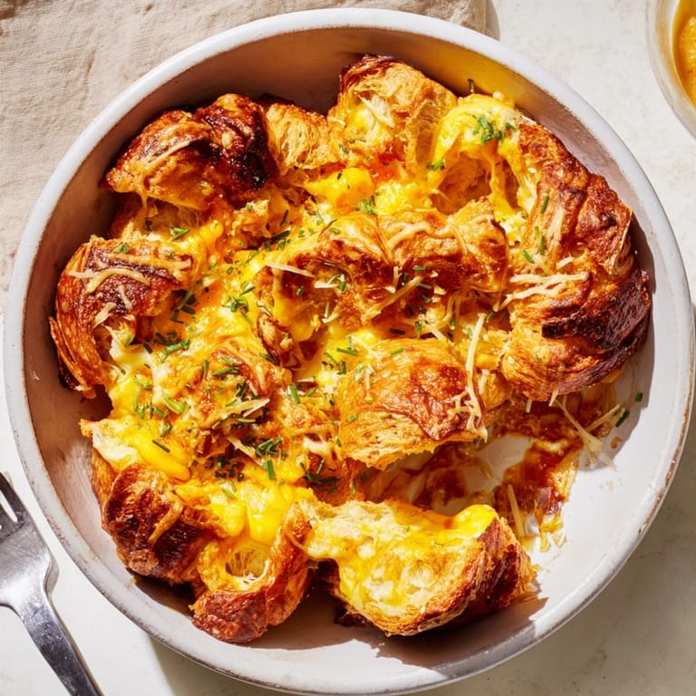 Homemade Cheesy Garlic Egg Croissant Bake: flaky layers, rich custard, a perfect brunch.
