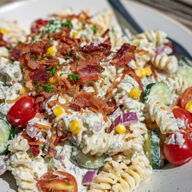 Close-up shot of Alfredo Bacon Ranch Pasta Salad: a perfect blend of creamy textures.