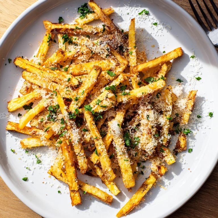 A close-up of warm, fresh Garlic Parmesan Yam Fries sprinkled with parsley.