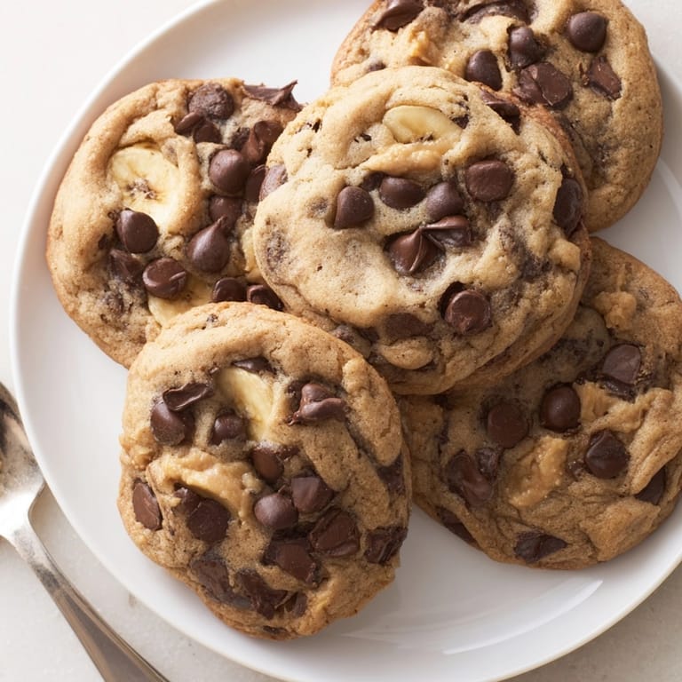 Warm, homemade Peanut Butter Banana Chip Cookies, speckled with chocolate chips, ready to serve.