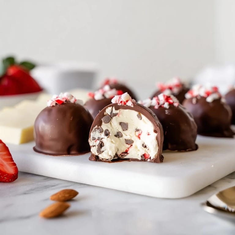 Irresistible peppermint cream cheese filling inside Charcuterie Board Peppermint Bark Balls, perfect for holiday gatherings.  