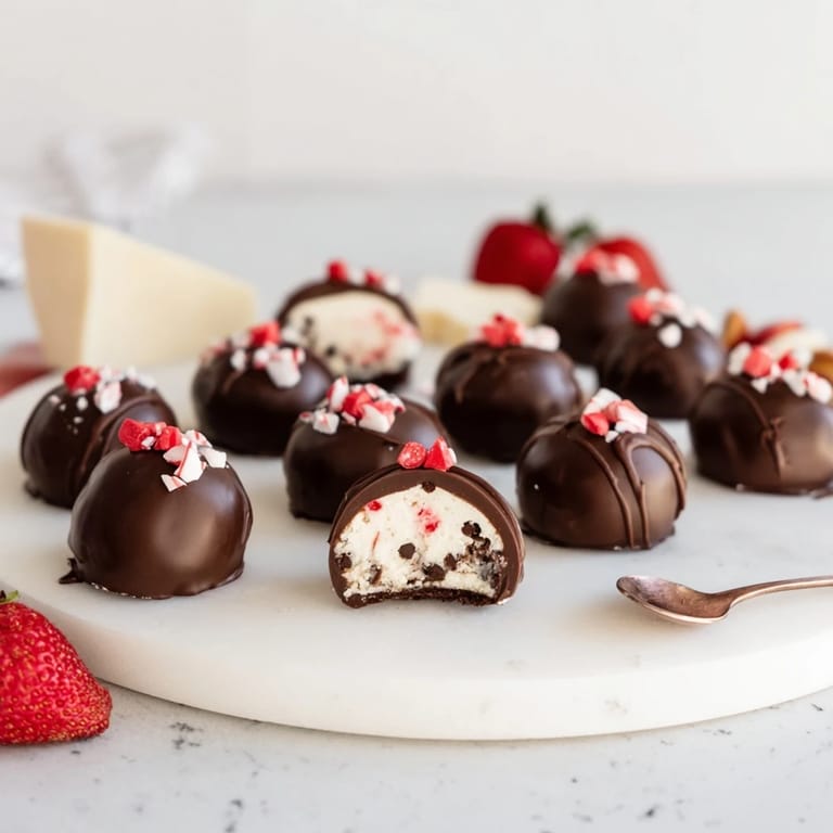 Festive Charcuterie Board Peppermint Bark Balls drizzled in white chocolate and topped with sweets.
