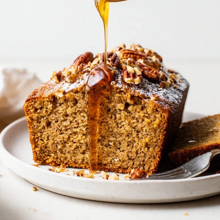 Delicious Maple Bourbon Cake Pancake Loaf slices drizzled with warm maple syrup.  