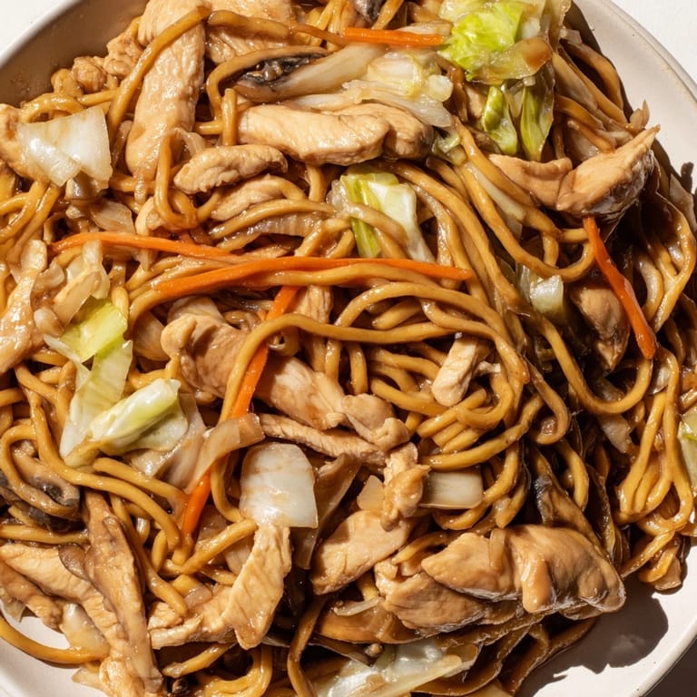 Quick Chicken Lo Mein dish, steaming hot with tender chicken and fresh ingredients.